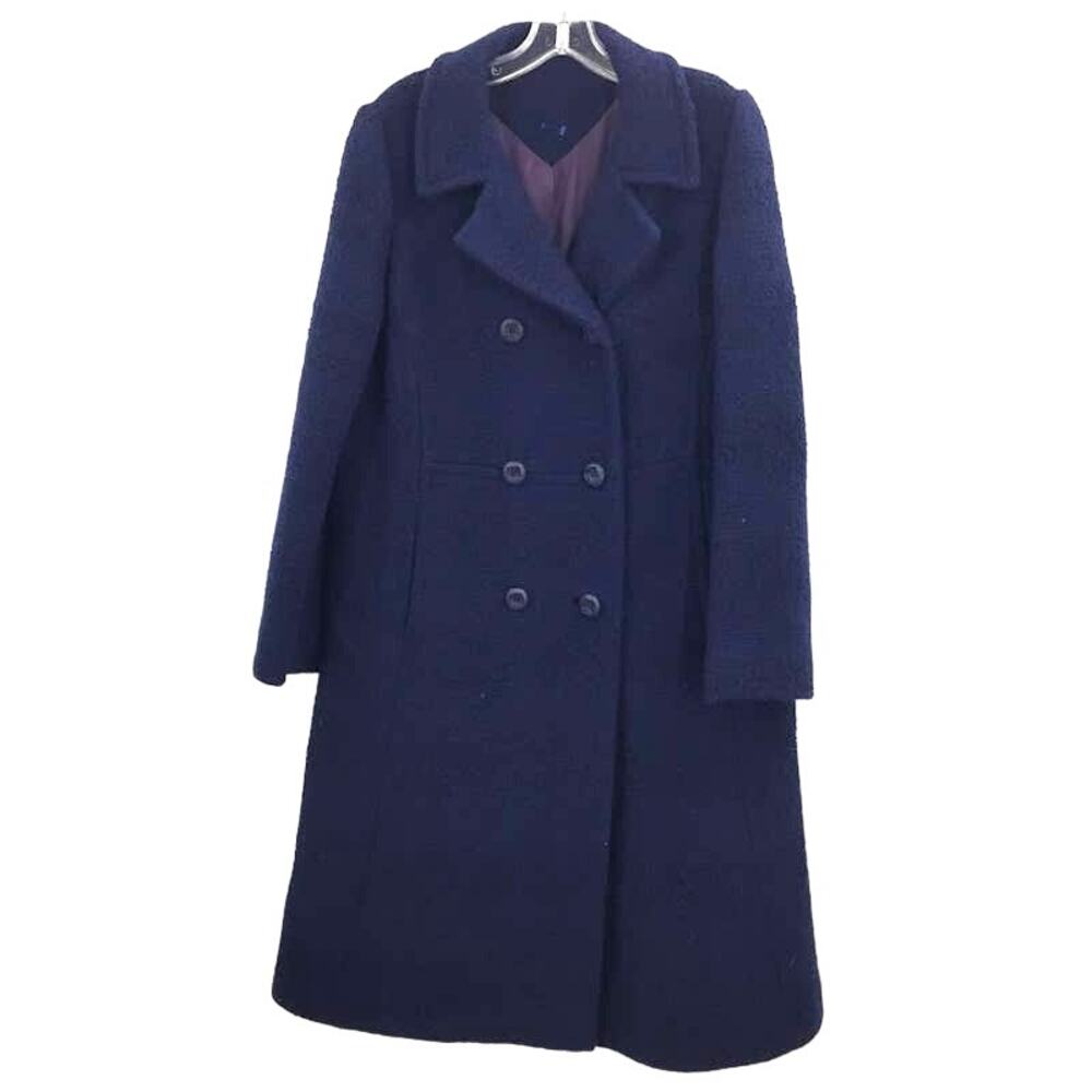 Vintage Dark Blue Full Length Coat Jacket Button Up Textured Medium/Large Trench - Picture 1 of 5